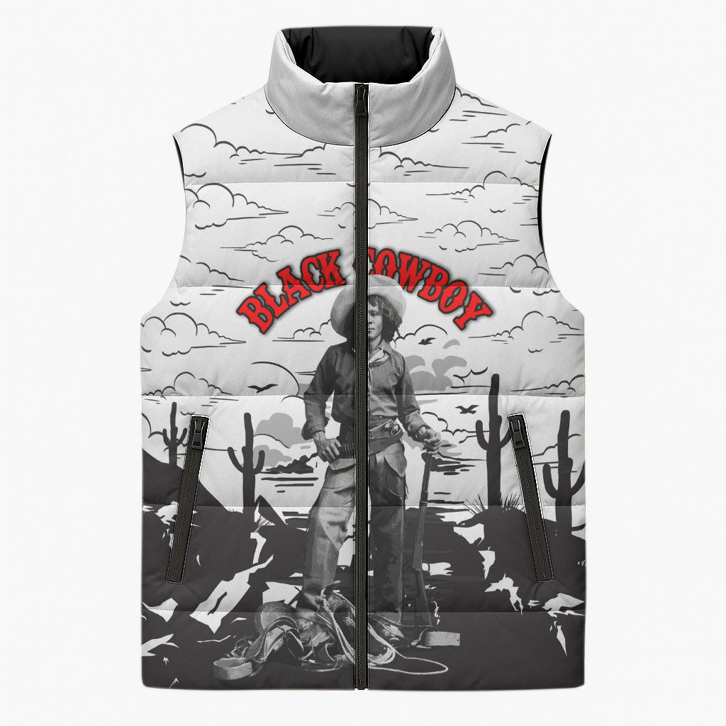 Black Cowboy Nat Love Sleeveless Puffer Jacket Comic Style Desert Line Art Red Typography