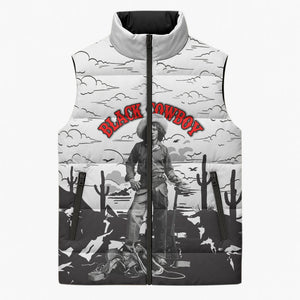 Black Cowboy Nat Love Sleeveless Puffer Jacket Comic Style Desert Line Art Red Typography