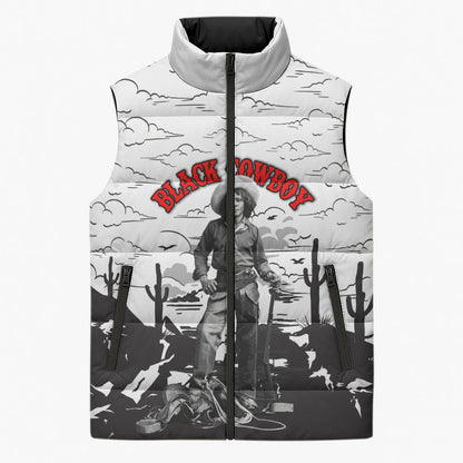 Black Cowboy Nat Love Sleeveless Puffer Jacket Comic Style Desert Line Art Red Typography