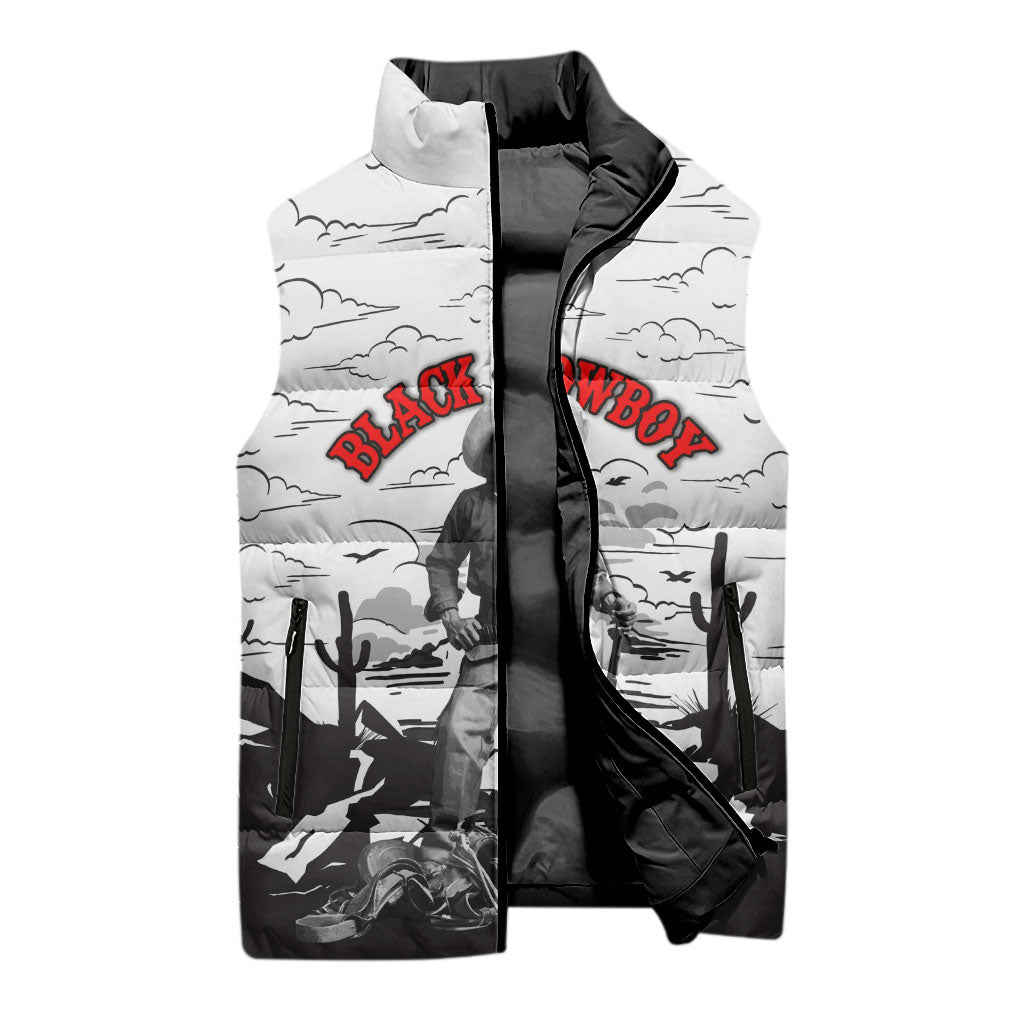 Black Cowboy Nat Love Sleeveless Puffer Jacket Comic Style Desert Line Art Red Typography