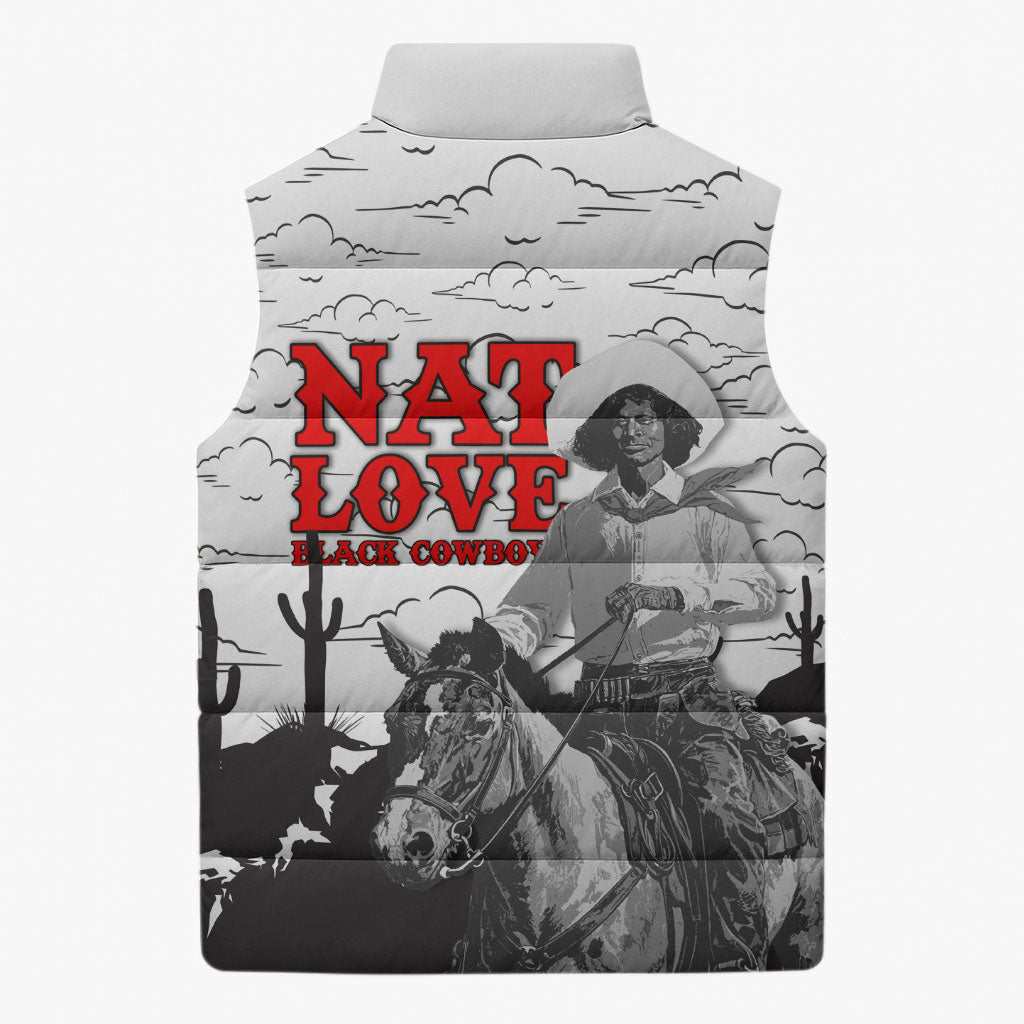 Black Cowboy Nat Love Sleeveless Puffer Jacket Comic Style Desert Line Art Red Typography