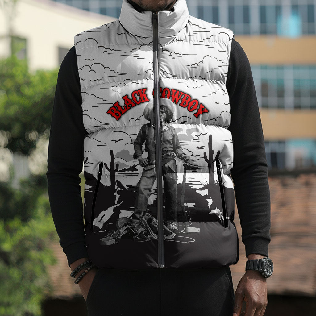 Black Cowboy Nat Love Sleeveless Puffer Jacket Comic Style Desert Line Art Red Typography