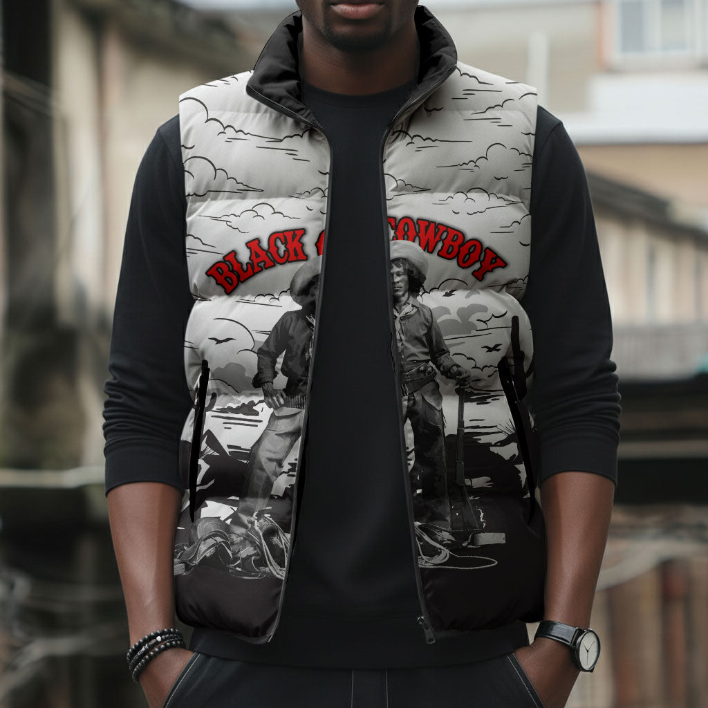 Black Cowboy Nat Love Sleeveless Puffer Jacket Comic Style Desert Line Art Red Typography