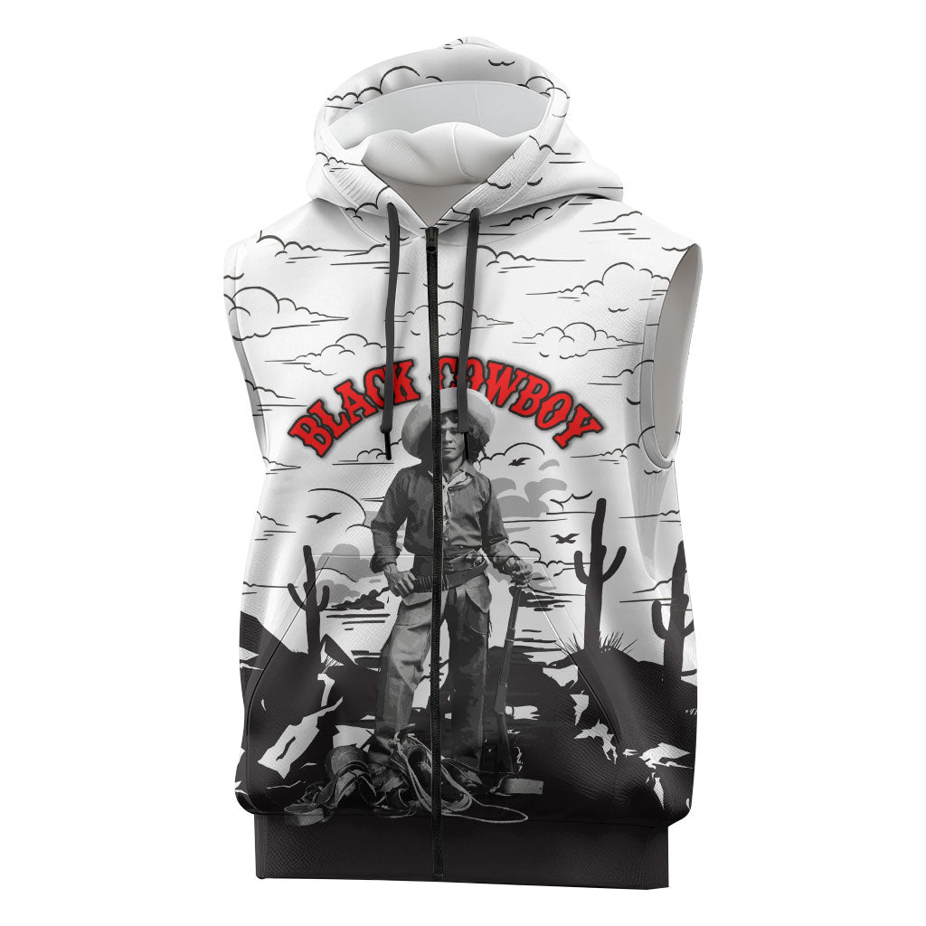 Black Cowboy Nat Love Sleeveless Zip Hoodie Comic Style Desert Line Art Red Typography