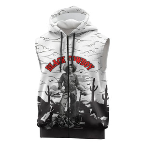 Black Cowboy Nat Love Sleeveless Zip Hoodie Comic Style Desert Line Art Red Typography