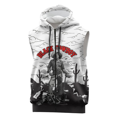 Black Cowboy Nat Love Sleeveless Zip Hoodie Comic Style Desert Line Art Red Typography