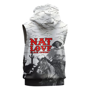 Black Cowboy Nat Love Sleeveless Zip Hoodie Comic Style Desert Line Art Red Typography