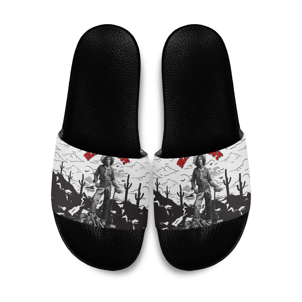 Black Cowboy Nat Love Slide Sandals Comic Style Desert Line Art Red Typography
