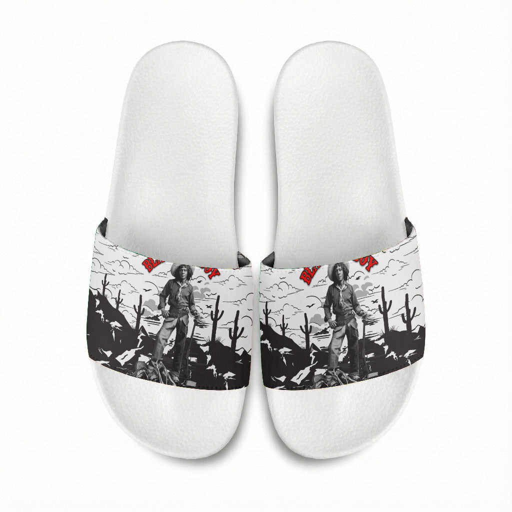 Black Cowboy Nat Love Slide Sandals Comic Style Desert Line Art Red Typography