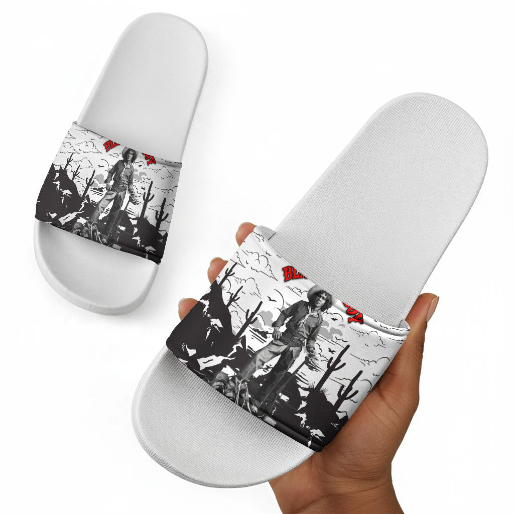 Black Cowboy Nat Love Slide Sandals Comic Style Desert Line Art Red Typography