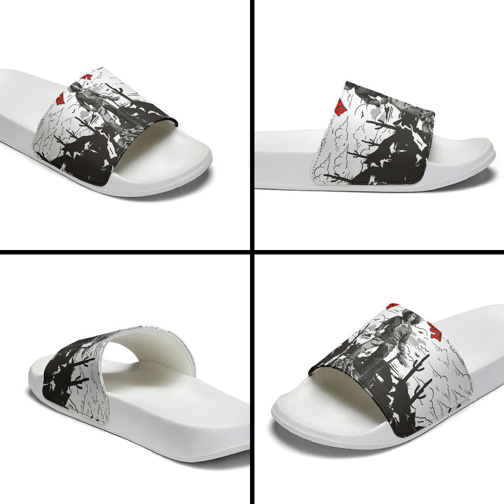 Black Cowboy Nat Love Slide Sandals Comic Style Desert Line Art Red Typography