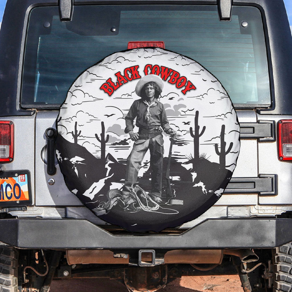 Black Cowboy Nat Love Spare Tire Cover Comic Style Desert Line Art Red Typography