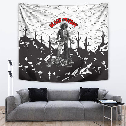 Black Cowboy Nat Love Tapestry Comic Style Desert Line Art Red Typography