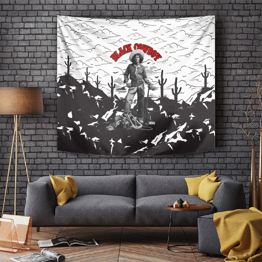 Black Cowboy Nat Love Tapestry Comic Style Desert Line Art Red Typography