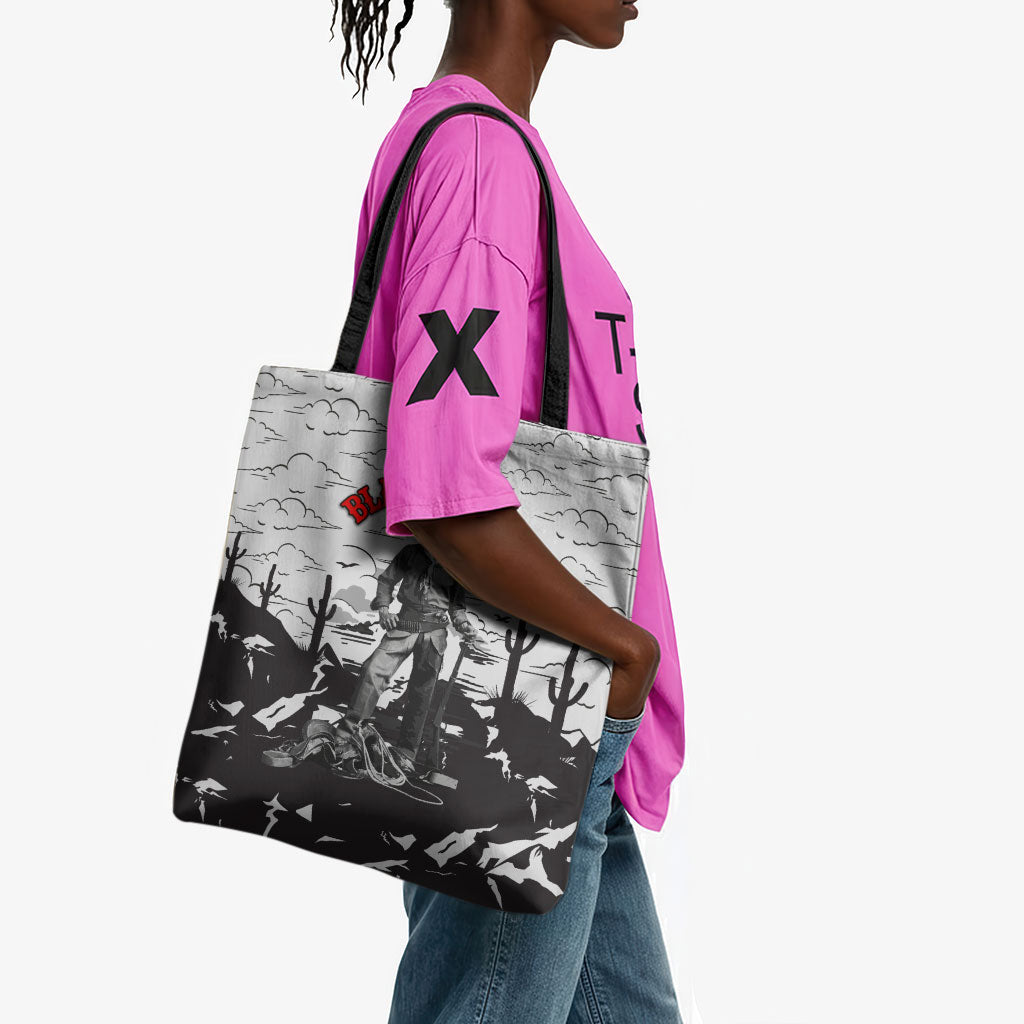 Black Cowboy Nat Love Tote Bag Comic Style Desert Line Art Red Typography