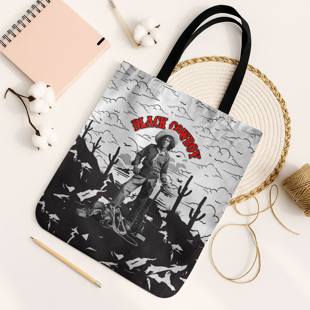 Black Cowboy Nat Love Tote Bag Comic Style Desert Line Art Red Typography