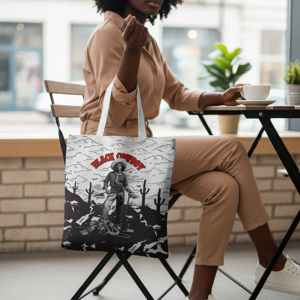 Black Cowboy Nat Love Tote Bag Comic Style Desert Line Art Red Typography