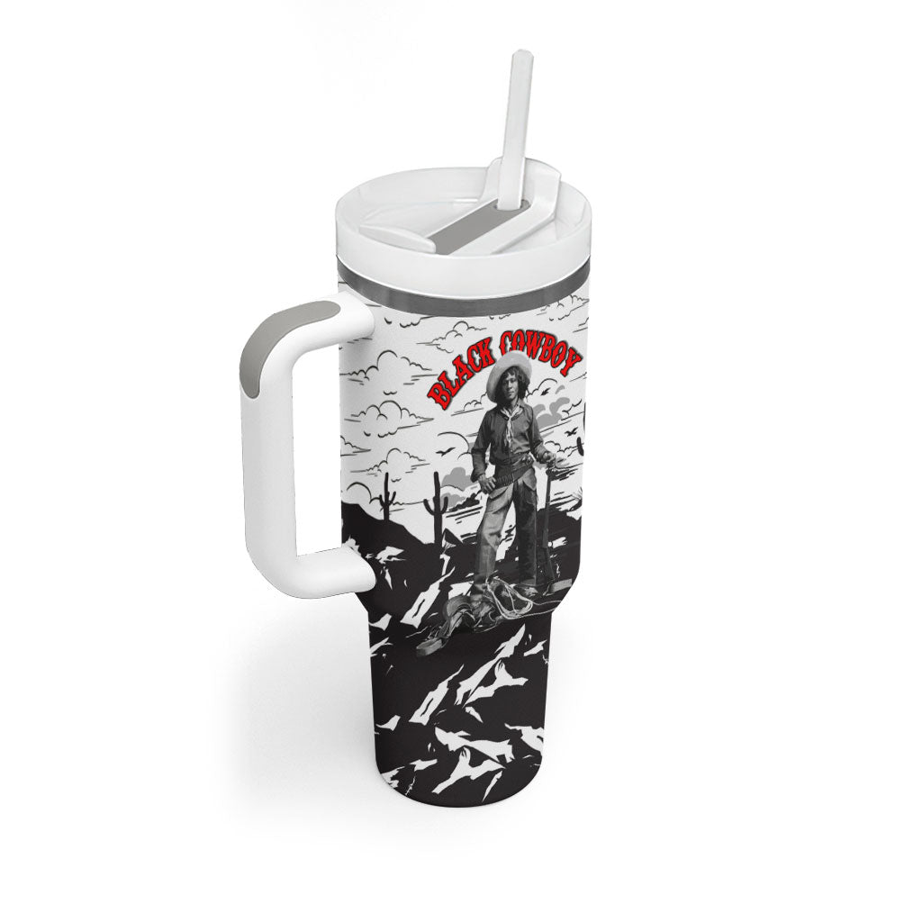 Black Cowboy Nat Love Tumbler With Handle Comic Style Desert Line Art Red Typography