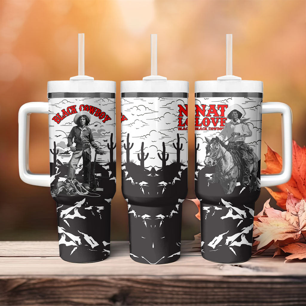 Black Cowboy Nat Love Tumbler With Handle Comic Style Desert Line Art Red Typography