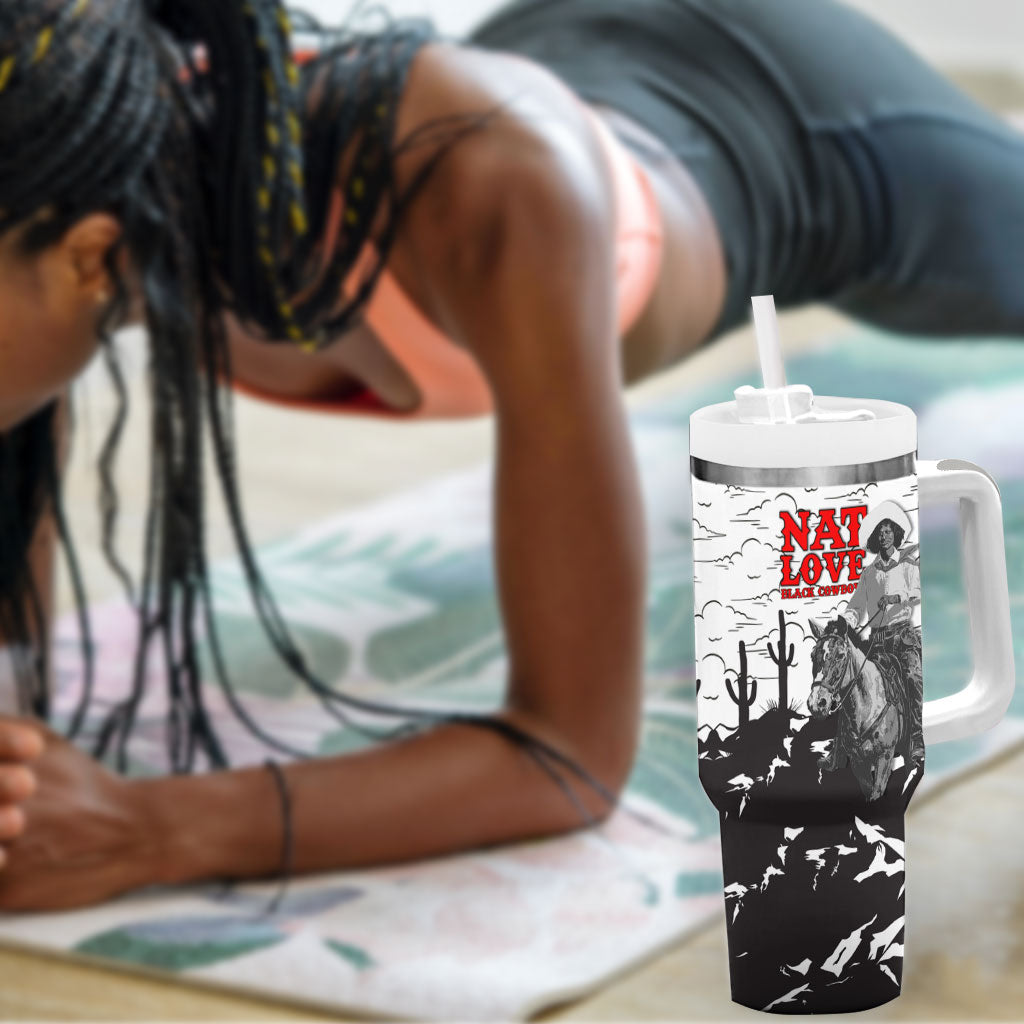 Black Cowboy Nat Love Tumbler With Handle Comic Style Desert Line Art Red Typography