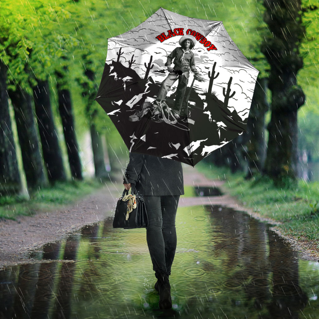 Black Cowboy Nat Love Umbrella Comic Style Desert Line Art Red Typography