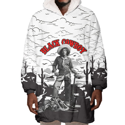Black Cowboy Nat Love Wearable Blanket Hoodie Comic Style Desert Line Art Red Typography