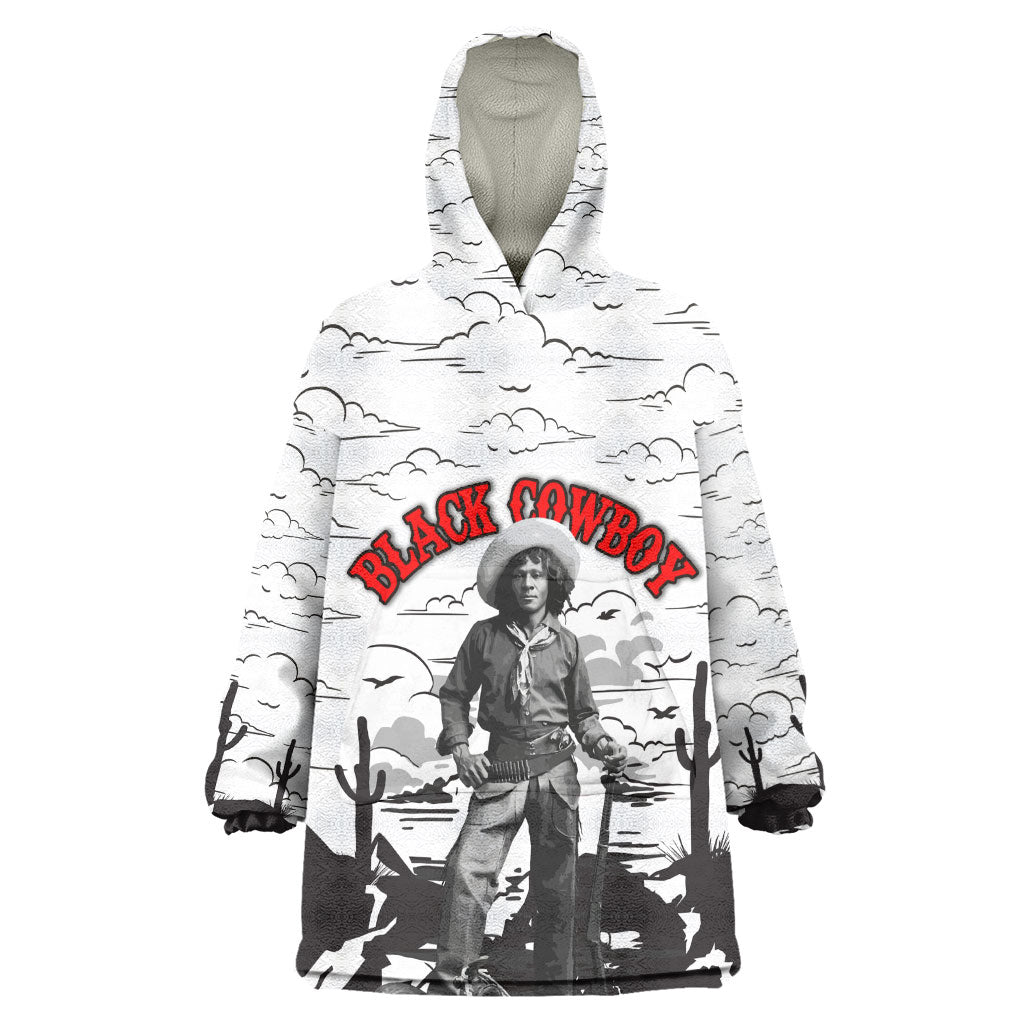 Black Cowboy Nat Love Wearable Blanket Hoodie Comic Style Desert Line Art Red Typography