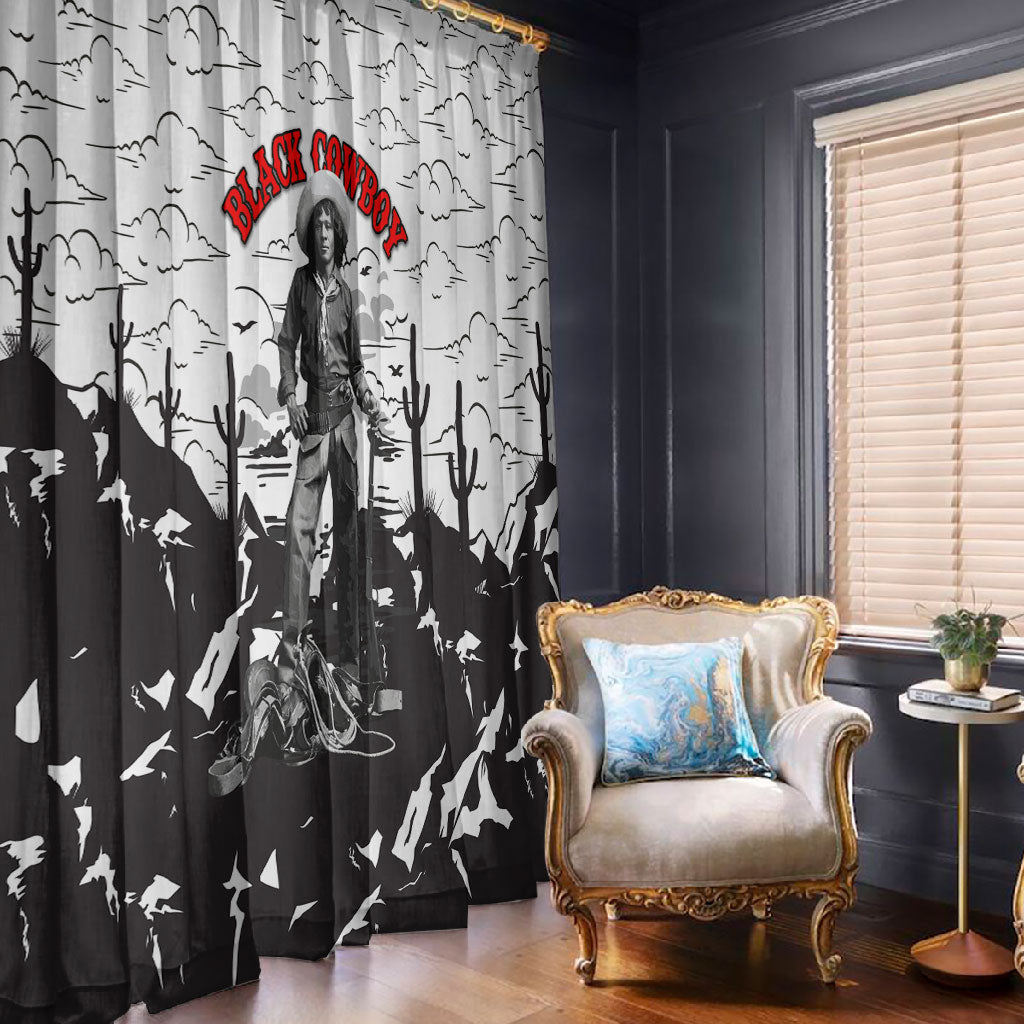 Black Cowboy Nat Love Window Curtain Comic Style Desert Line Art Red Typography