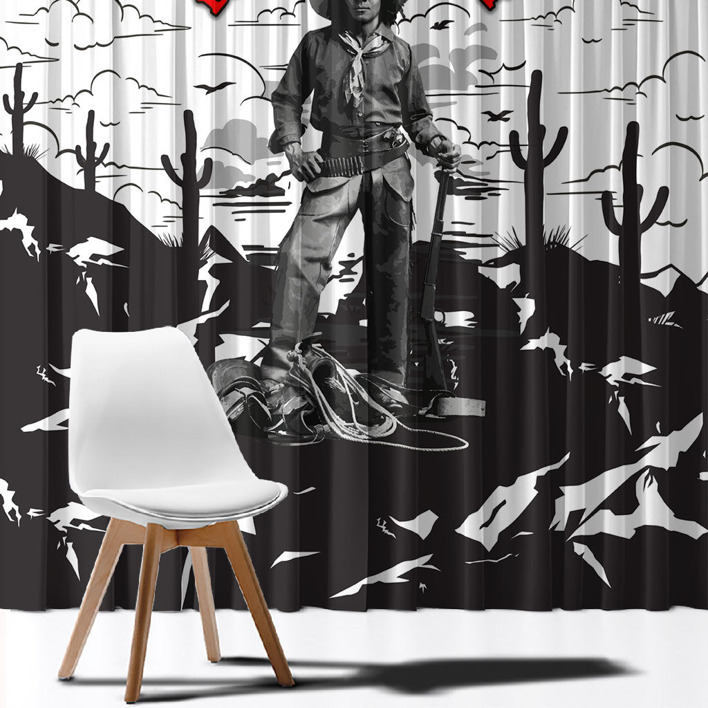 Black Cowboy Nat Love Window Curtain Comic Style Desert Line Art Red Typography
