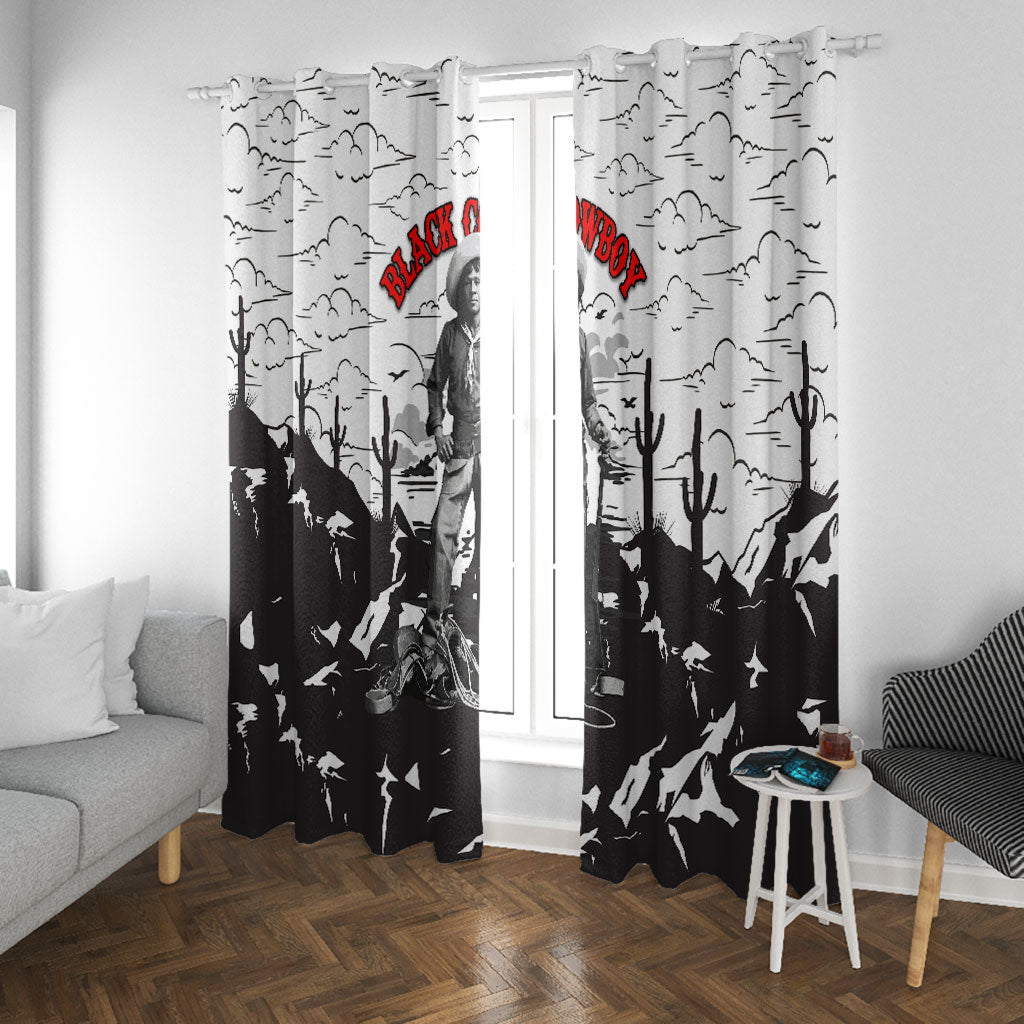 Black Cowboy Nat Love Window Curtain Comic Style Desert Line Art Red Typography
