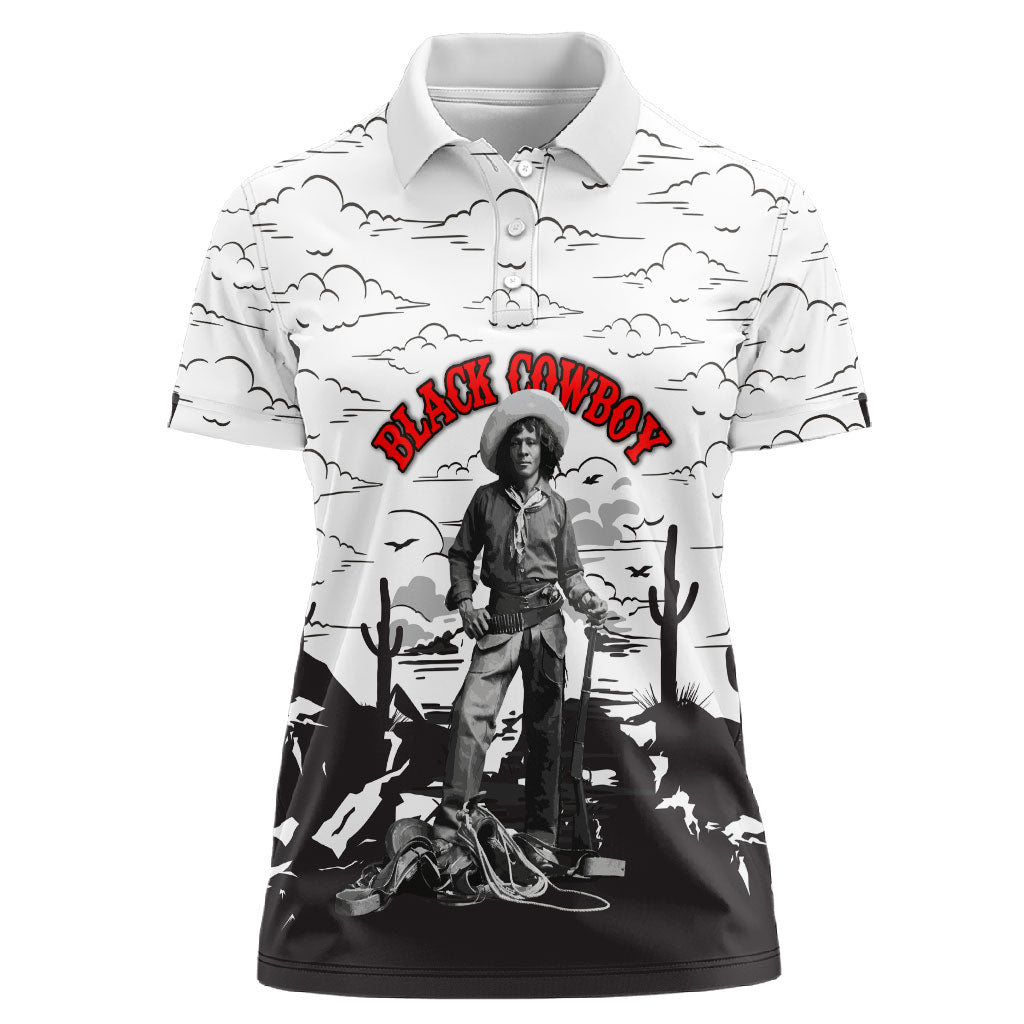 Black Cowboy Nat Love Women Polo Shirt Comic Style Desert Line Art Red Typography