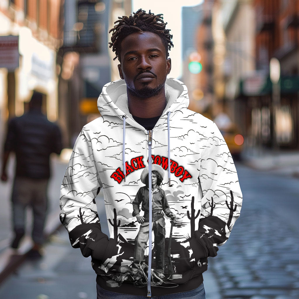 Black Cowboy Nat Love Zip Hoodie Comic Style Desert Line Art Red Typography