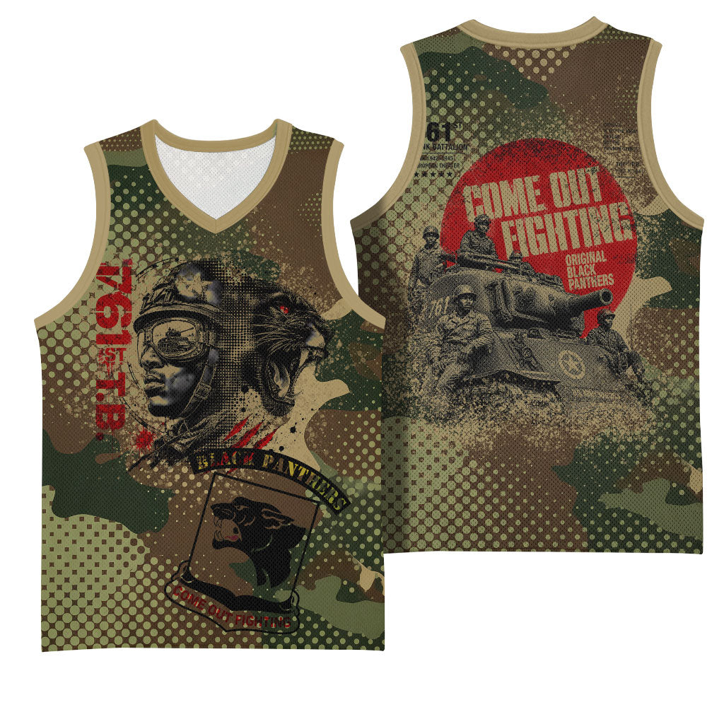 761st Tank Battalion Black Panthers Basketball Jersey Come Out Fighting Military - Camouflage Halftone