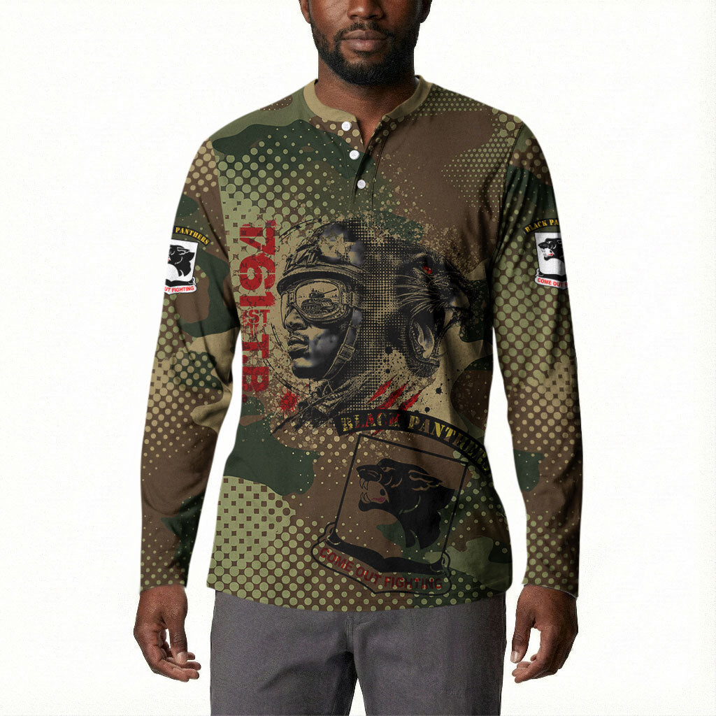 761st Tank Battalion Black Panthers Button Sweatshirt Come Out Fighting Military - Camouflage Halftone