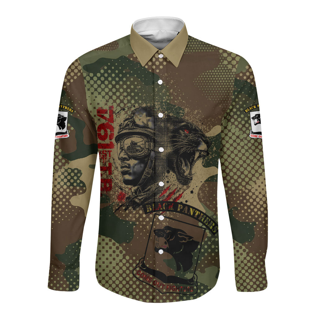 761st Tank Battalion Black Panthers Long Sleeve Button Shirt Come Out Fighting Military - Camouflage Halftone