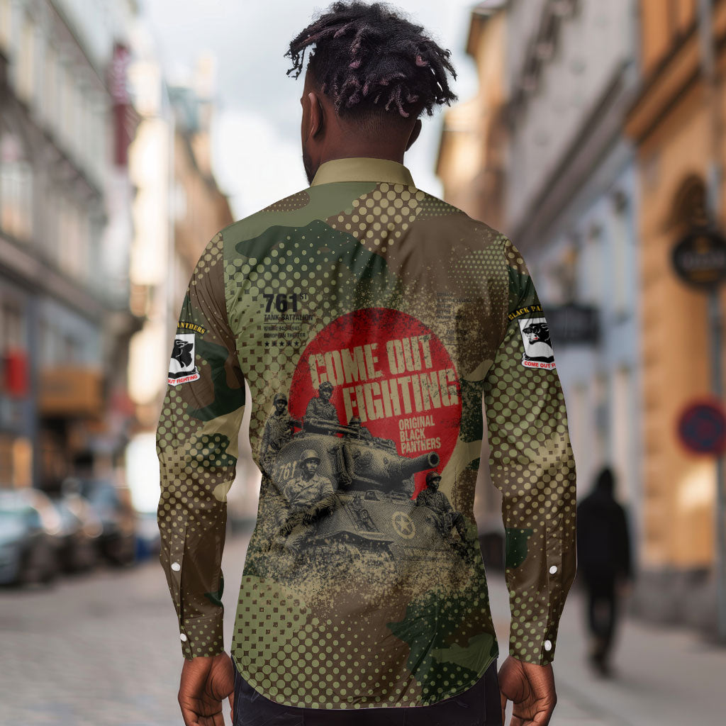 761st Tank Battalion Black Panthers Long Sleeve Button Shirt Come Out Fighting Military - Camouflage Halftone