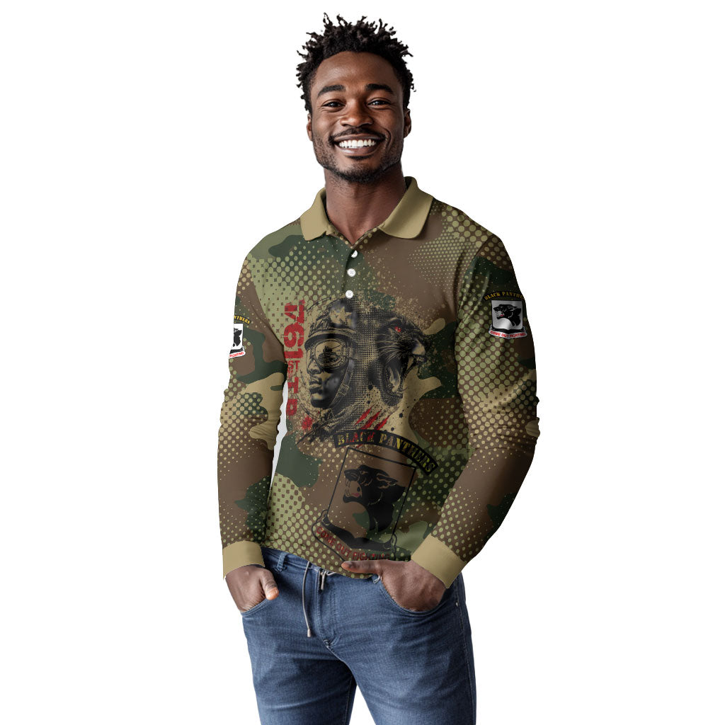 761st Tank Battalion Black Panthers Long Sleeve Polo Shirt Come Out Fighting Military - Camouflage Halftone