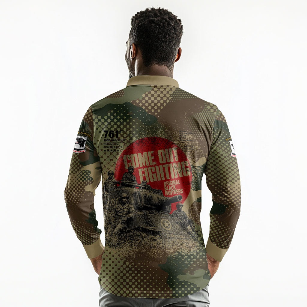 761st Tank Battalion Black Panthers Long Sleeve Polo Shirt Come Out Fighting Military - Camouflage Halftone