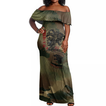 761st Tank Battalion Black Panthers Off Shoulder Maxi Dress Come Out Fighting Military - Camouflage Halftone
