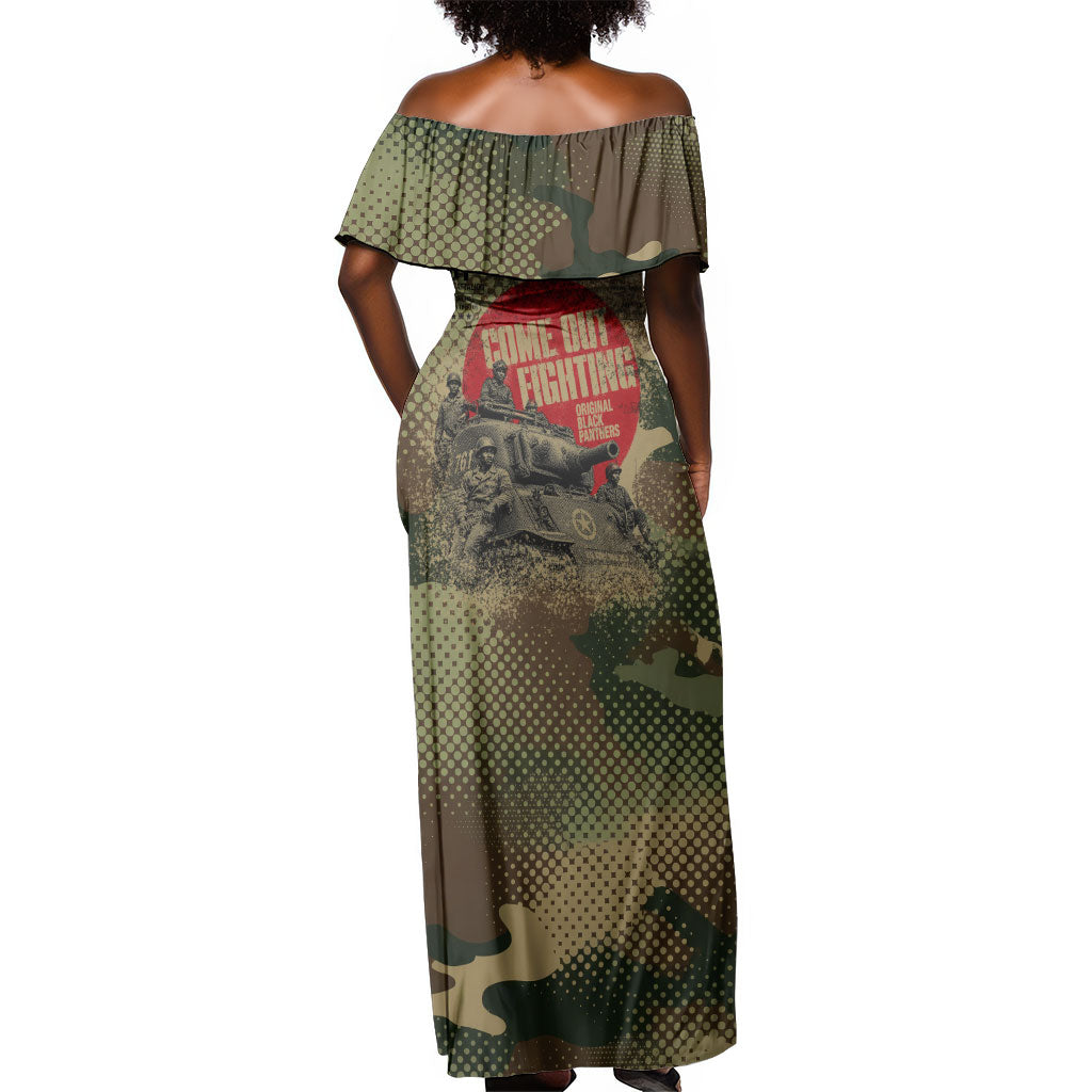 761st Tank Battalion Black Panthers Off Shoulder Maxi Dress Come Out Fighting Military - Camouflage Halftone