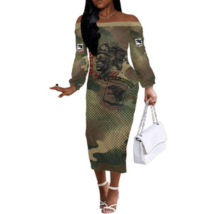 761st Tank Battalion Black Panthers Off The Shoulder Long Sleeve Dress Come Out Fighting Military - Camouflage Halftone