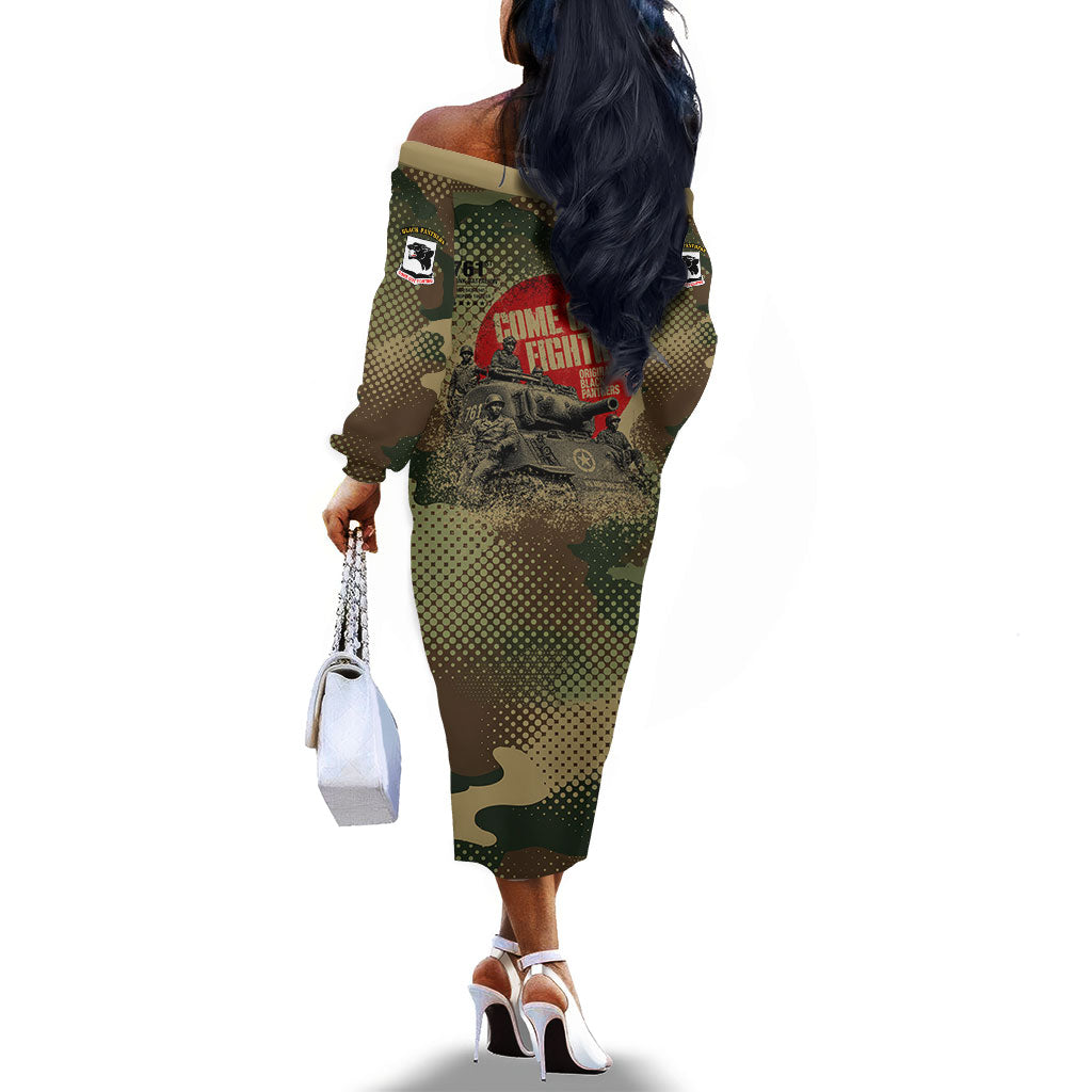 761st Tank Battalion Black Panthers Off The Shoulder Long Sleeve Dress Come Out Fighting Military - Camouflage Halftone