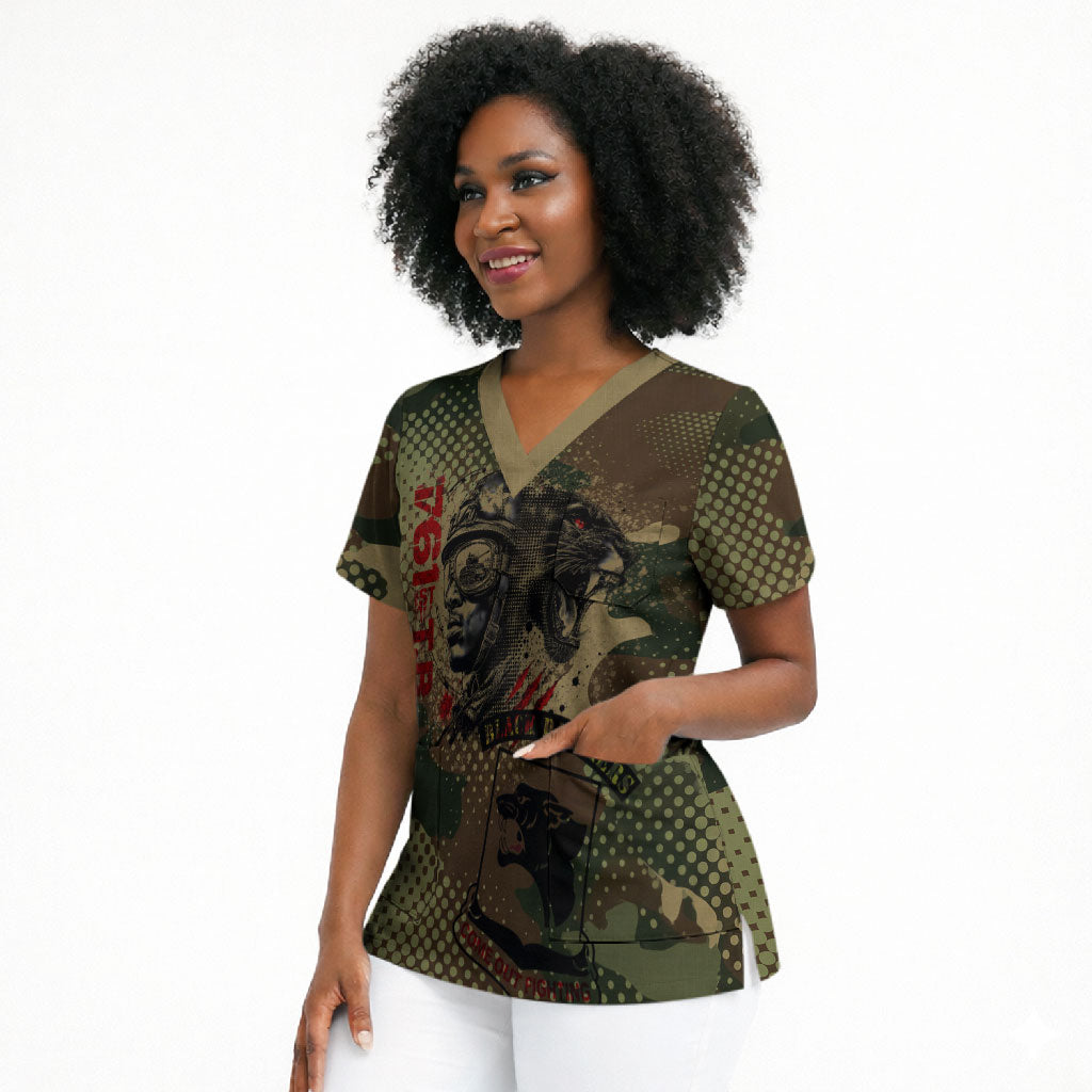 761st Tank Battalion Black Panthers Scrub Top Come Out Fighting Military - Camouflage Halftone