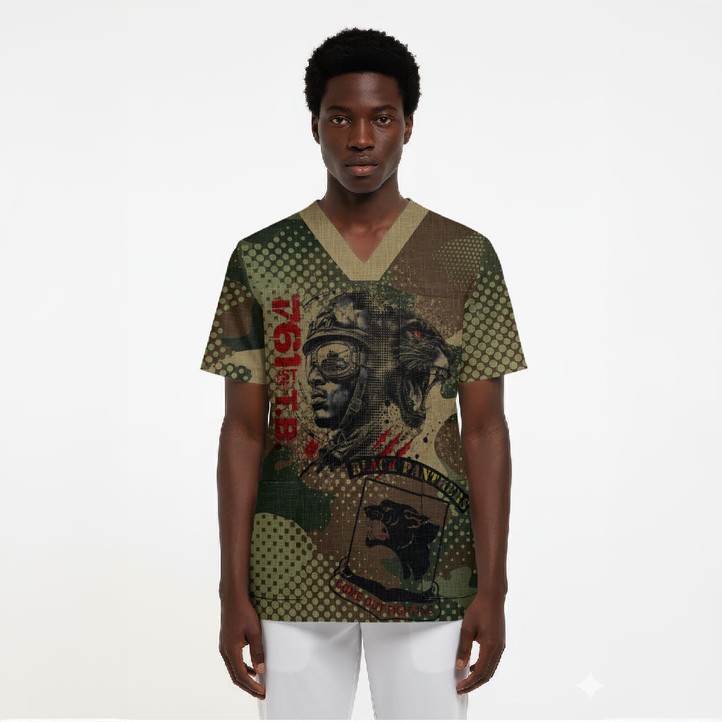 761st Tank Battalion Black Panthers Scrub Top Come Out Fighting Military - Camouflage Halftone