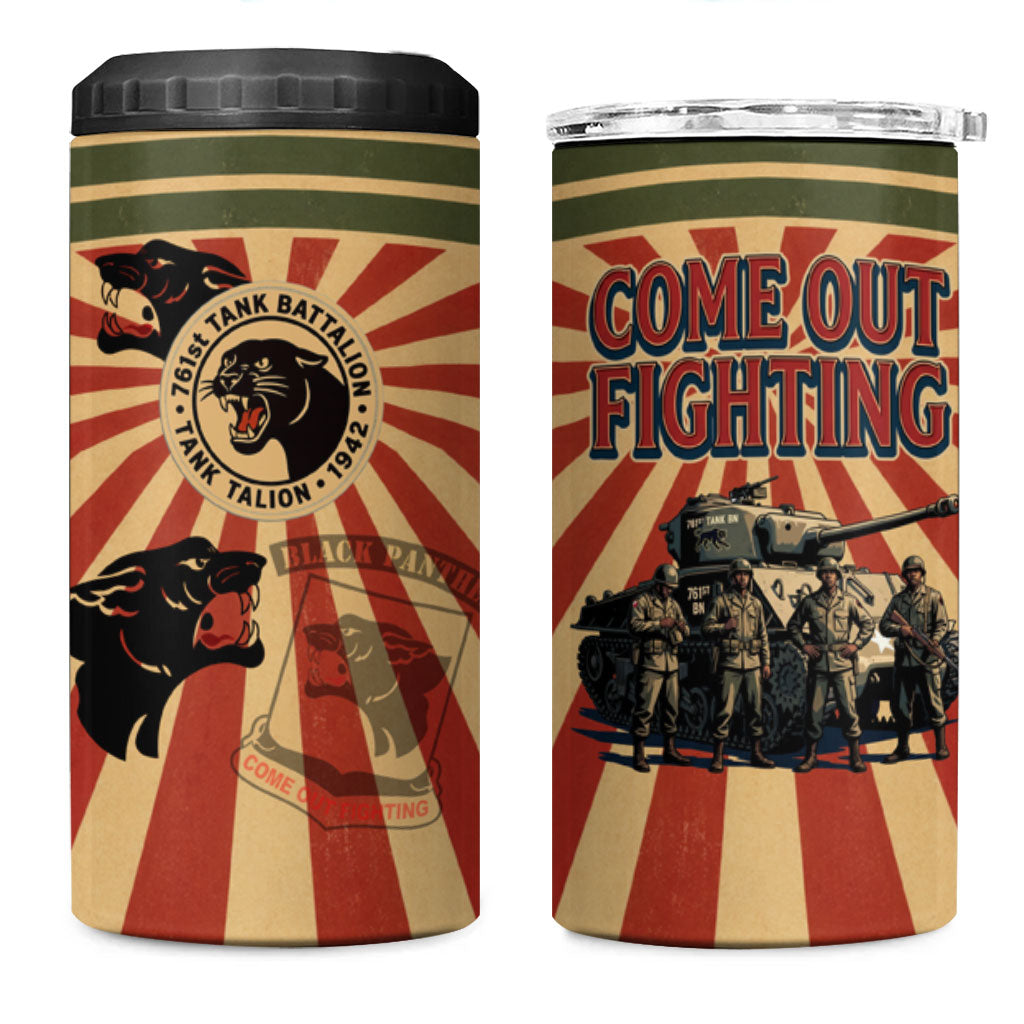 Black Panthers 761st Tank Battalion 4 in 1 Can Cooler Tumbler Come Out Fighting Retro Military