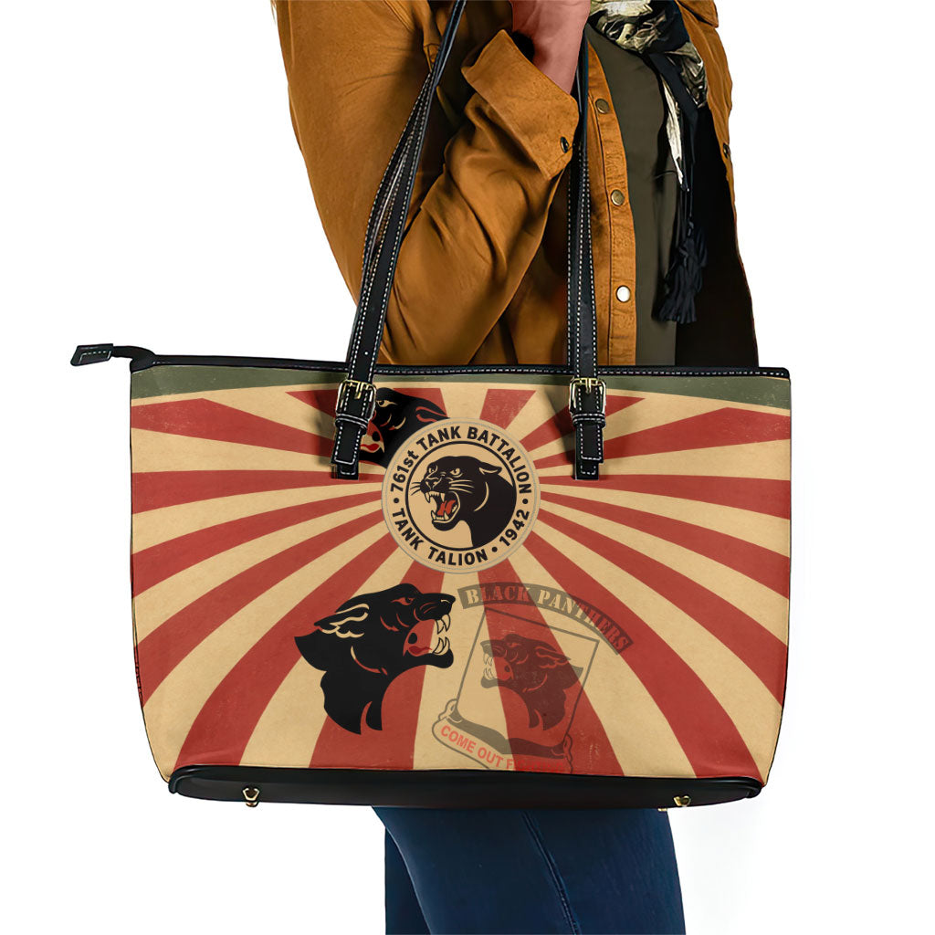Black Panthers 761st Tank Battalion Leather Tote Bag Come Out Fighting Retro Military