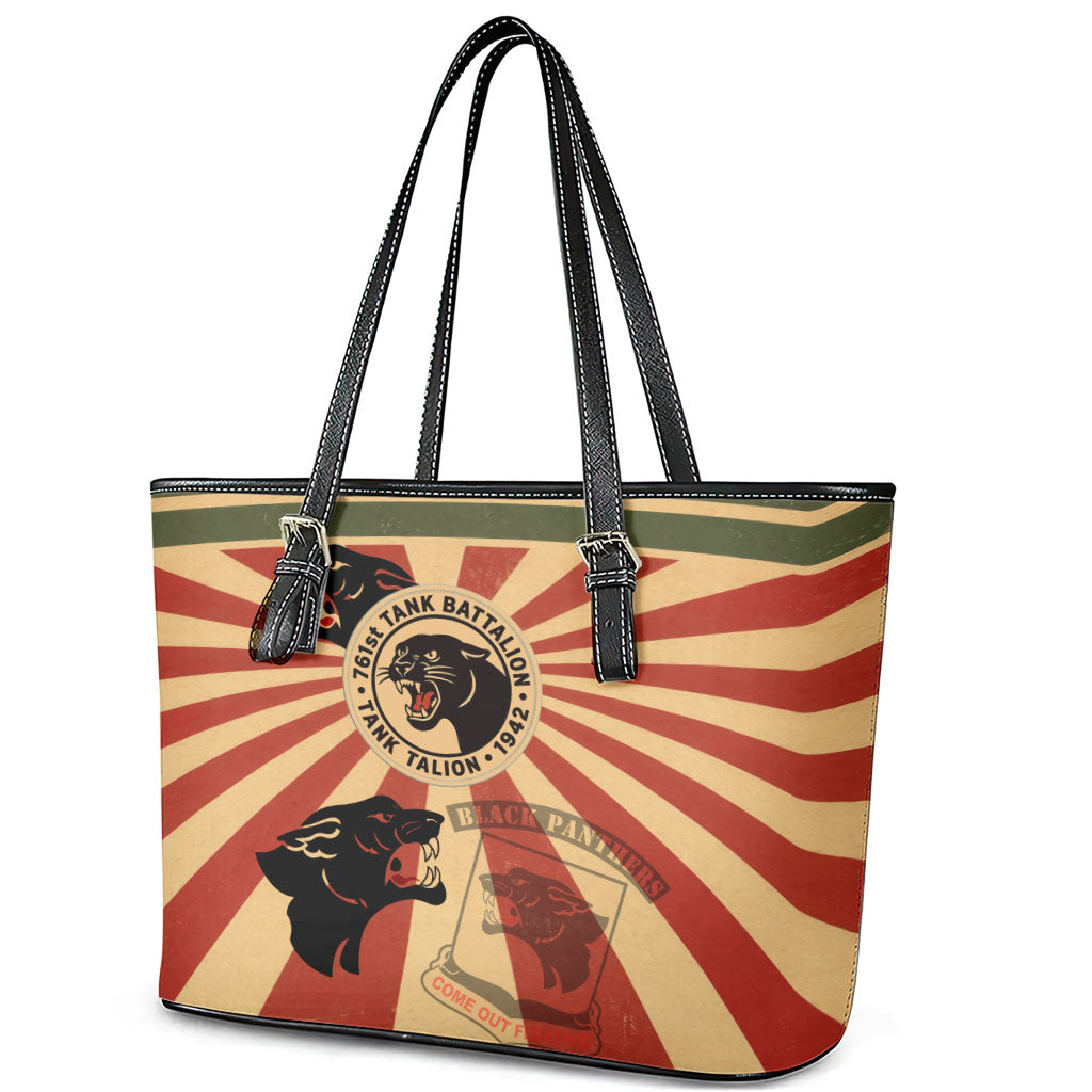 Black Panthers 761st Tank Battalion Leather Tote Bag Come Out Fighting Retro Military