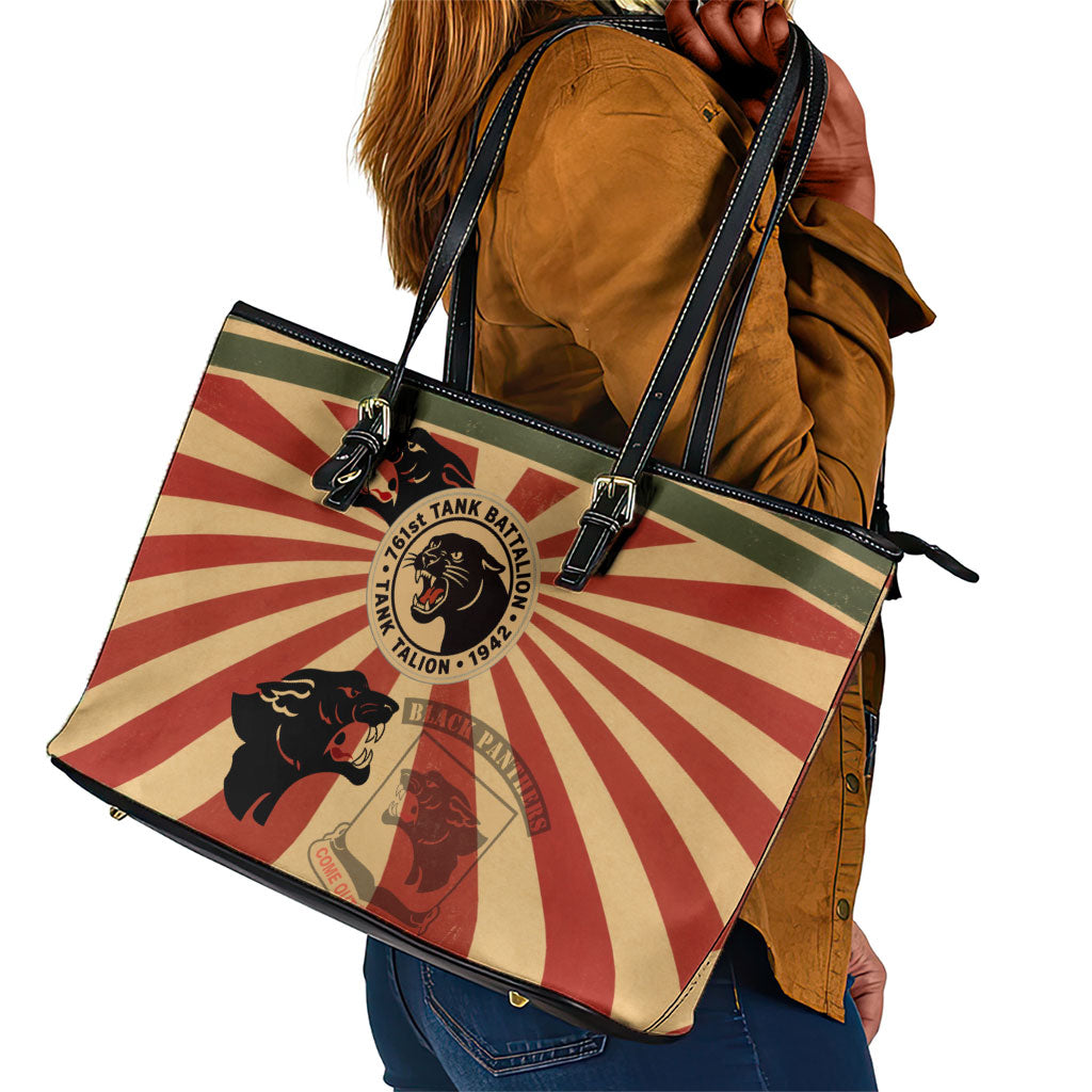 Black Panthers 761st Tank Battalion Leather Tote Bag Come Out Fighting Retro Military
