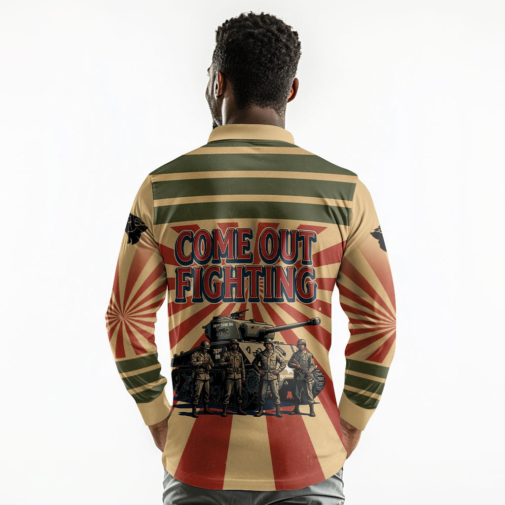 Black Panthers 761st Tank Battalion Long Sleeve Polo Shirt Come Out Fighting Retro Military