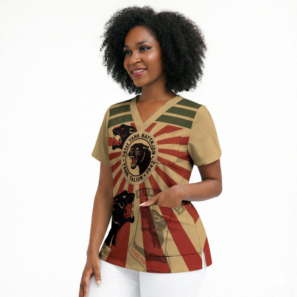 Black Panthers 761st Tank Battalion Scrub Top Come Out Fighting Retro Military